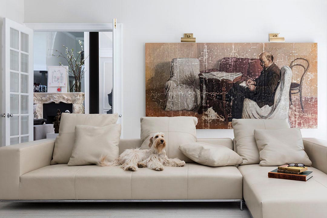 Yücel ailesinin bir diğer üyesi, Labradoodle cins köpekleri Kuzu, Paolo Piva tasarımı Andy koltukta keyif yapıyor (eyinteriors.com)